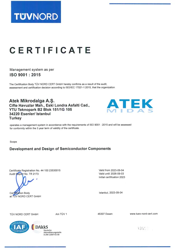 ISO9001:2015 Certificate for Development and Design of Semiconductor Components